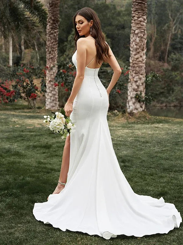 Spaghetti‑Strap Deep‑V‑Neck Crepe Mermaid Wedding Dress With High‑Slit & Low‑Back Pearl‑Button Detail