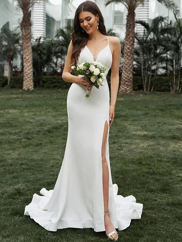 Spaghetti‑Strap Deep‑V‑Neck Crepe Mermaid Wedding Dress With High‑Slit & Low‑Back Pearl‑Button Detail