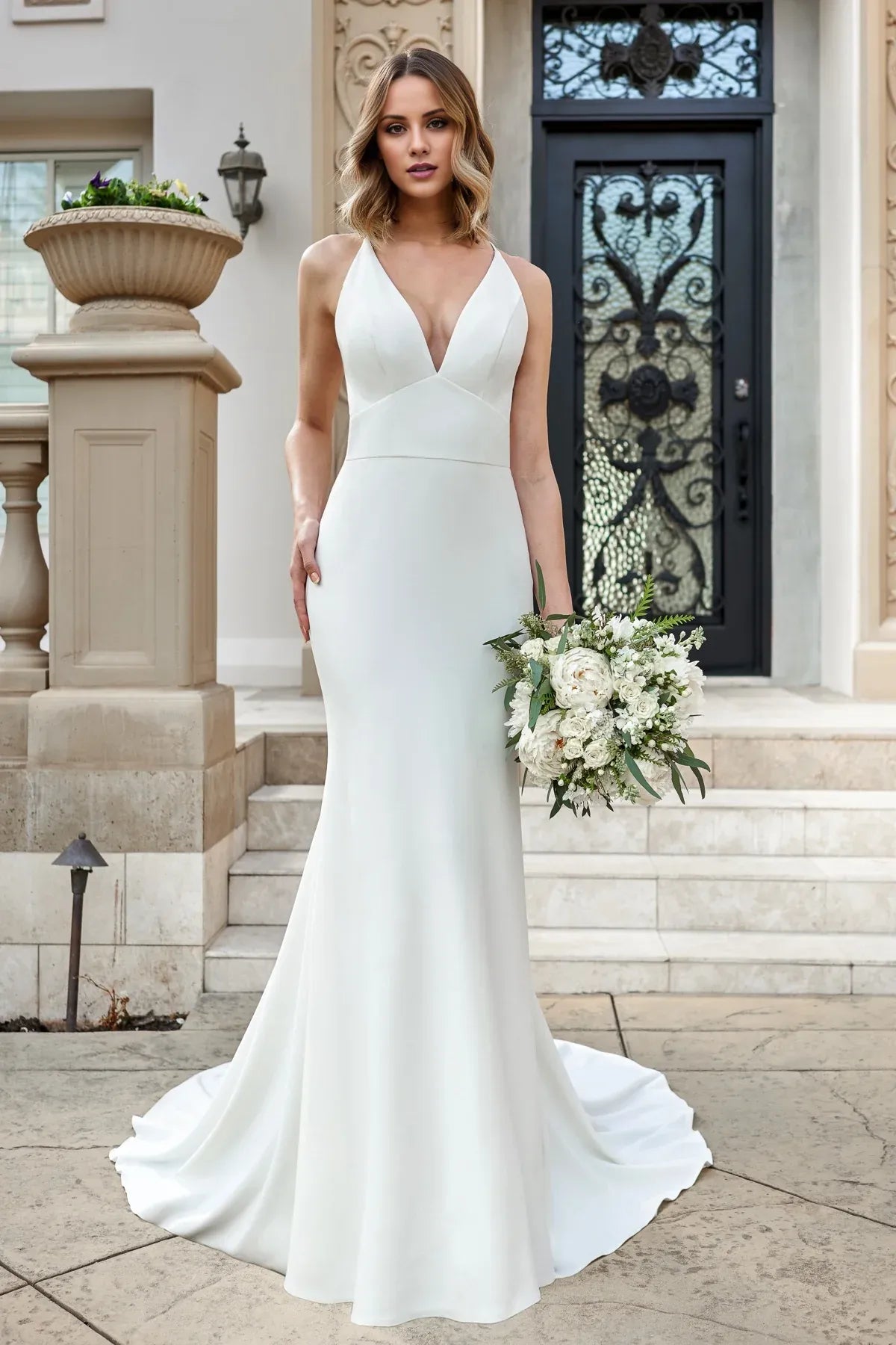 Spaghetti‑Strap Deep‑V‑Neck Crepe Mermaid Wedding Dress With Strappy‑Open‑Back Detail