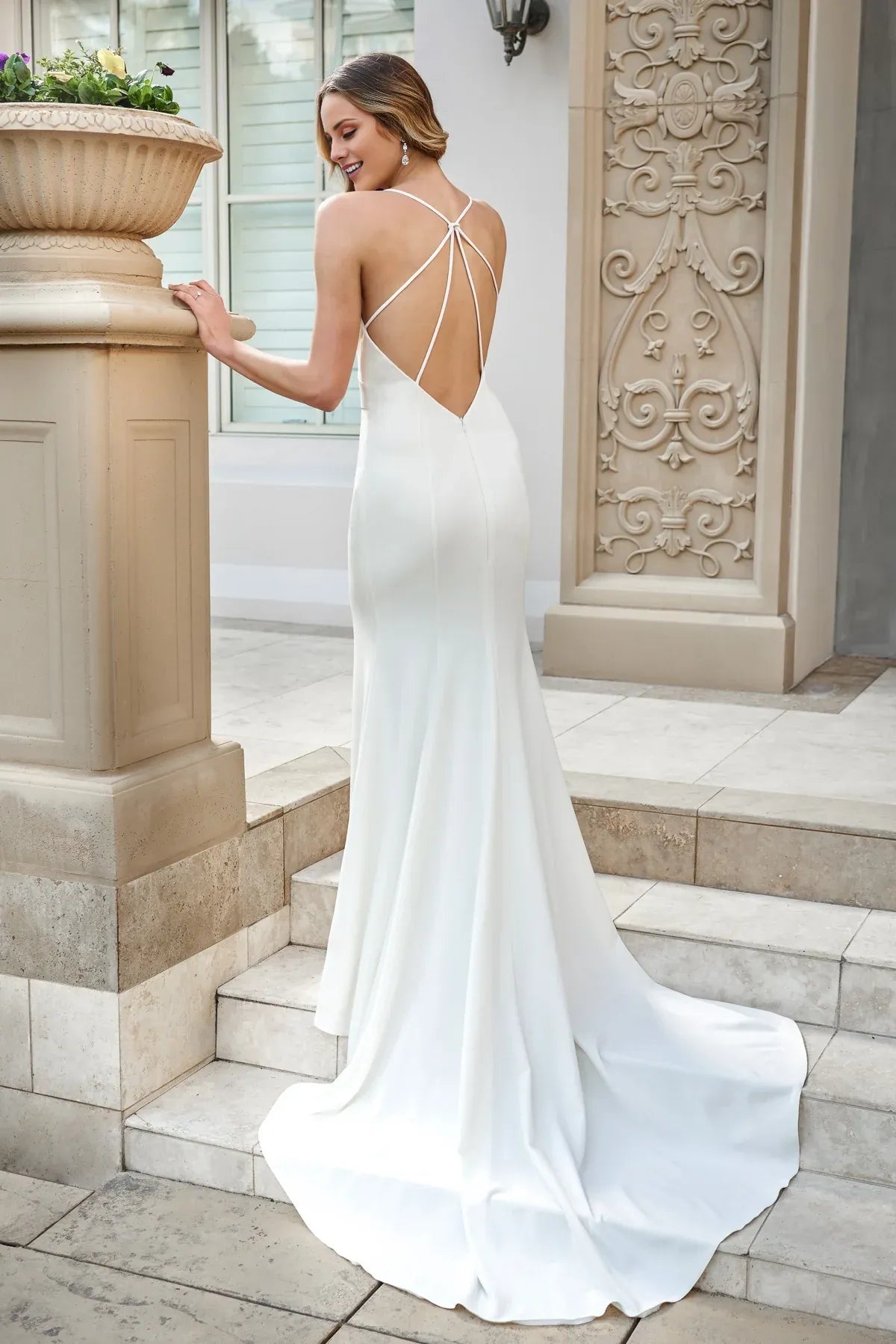 Spaghetti‑Strap Deep‑V‑Neck Crepe Mermaid Wedding Dress With Strappy‑Open‑Back Detail