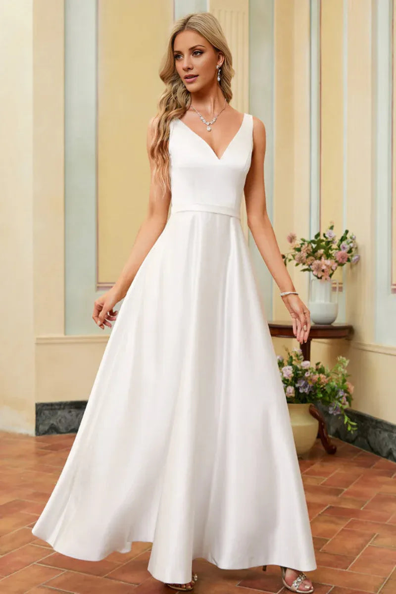 Spaghetti‑Strap Deep‑V‑Neck Satin A‑Line Wedding Dress With Pockets & Low‑V‑Back Detail