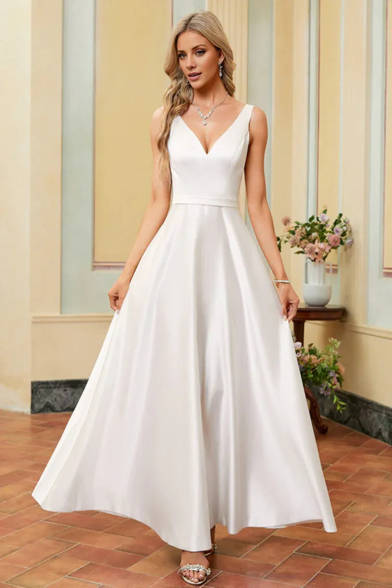 Spaghetti‑Strap Deep‑V‑Neck Satin A‑Line Wedding Dress With Pockets & Low‑V‑Back Detail