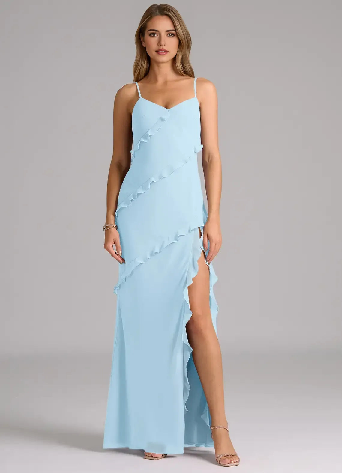 Spaghetti Strap Diagonal Ruffle High Slit Chiffon Long Bridesmaid Dress