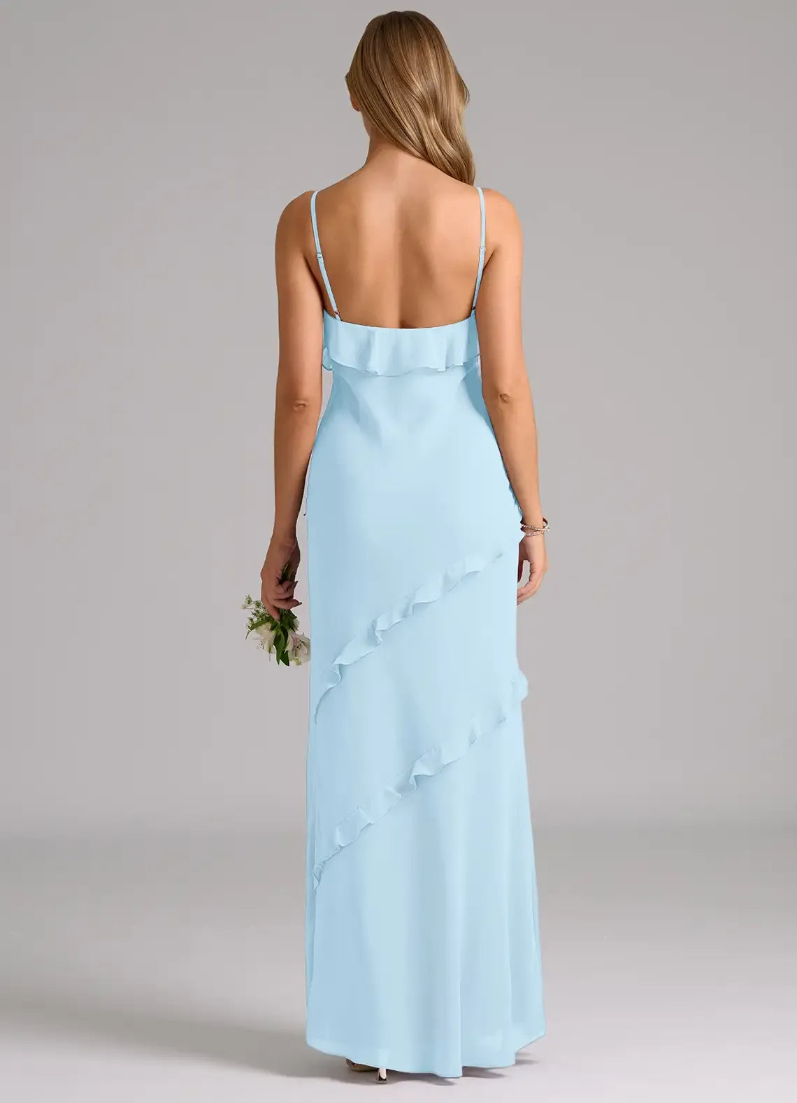 Spaghetti Strap Diagonal Ruffle High Slit Chiffon Long Bridesmaid Dress