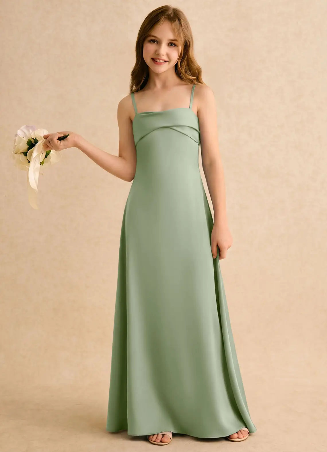 Spaghetti Strap Draped Neck Sage Green Satin Full-Length Junior Bridesmaid Dresses with Lace-Up Cowl Back