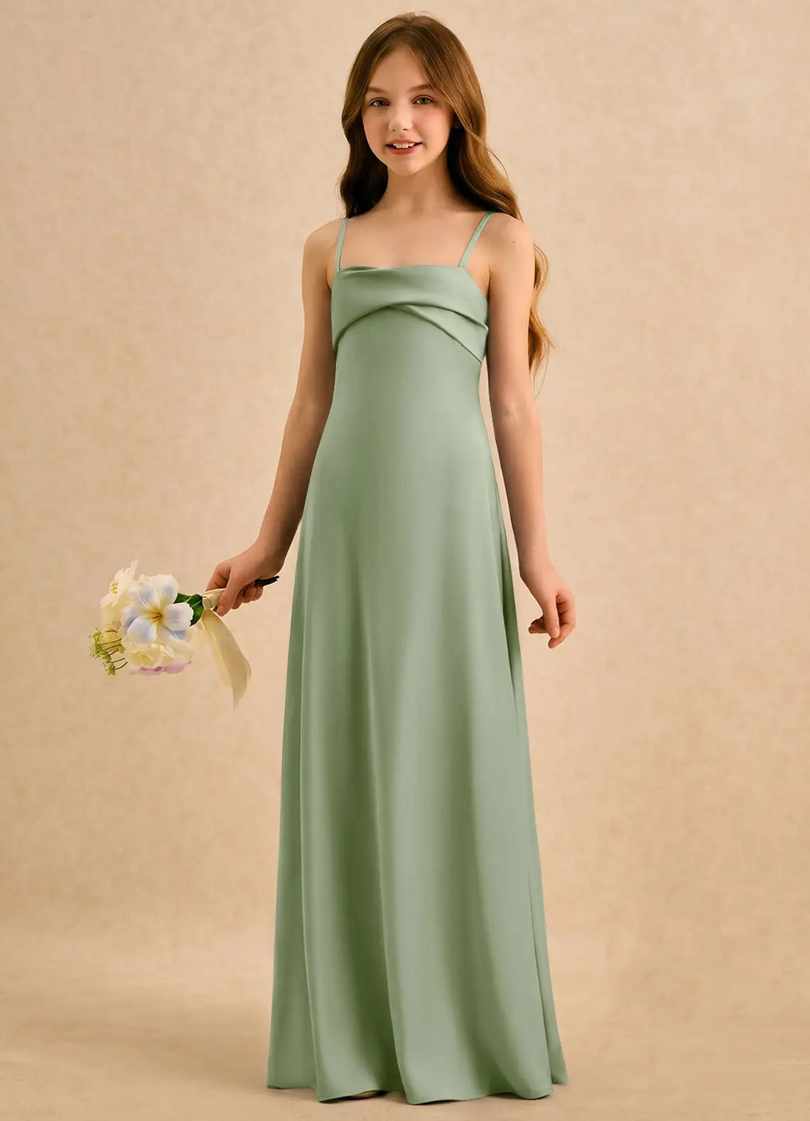 Spaghetti Strap Draped Neck Sage Green Satin Full-Length Junior Bridesmaid Dresses with Lace-Up Cowl Back