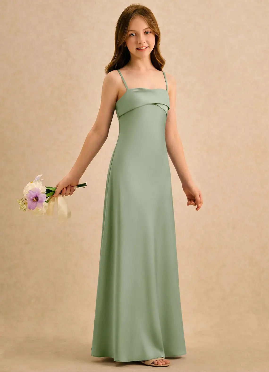 Spaghetti Strap Draped Neck Sage Green Satin Full-Length Junior Bridesmaid Dresses with Lace-Up Cowl Back