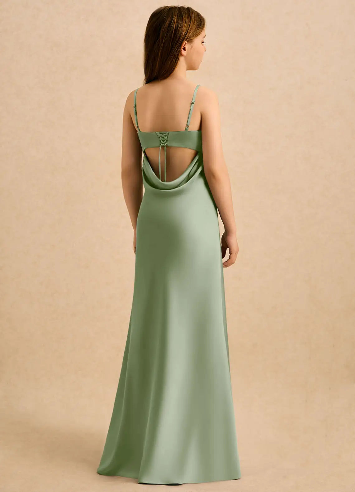 Spaghetti Strap Draped Neck Sage Green Satin Full-Length Junior Bridesmaid Dresses with Lace-Up Cowl Back