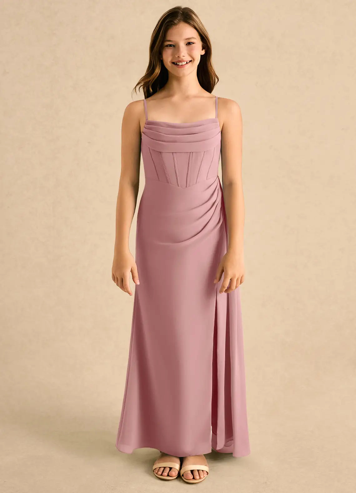 Spaghetti Strap Dusty Rose Chiffon Full-Length Junior Bridesmaid Dresses with Corset Bodice & Side Slit