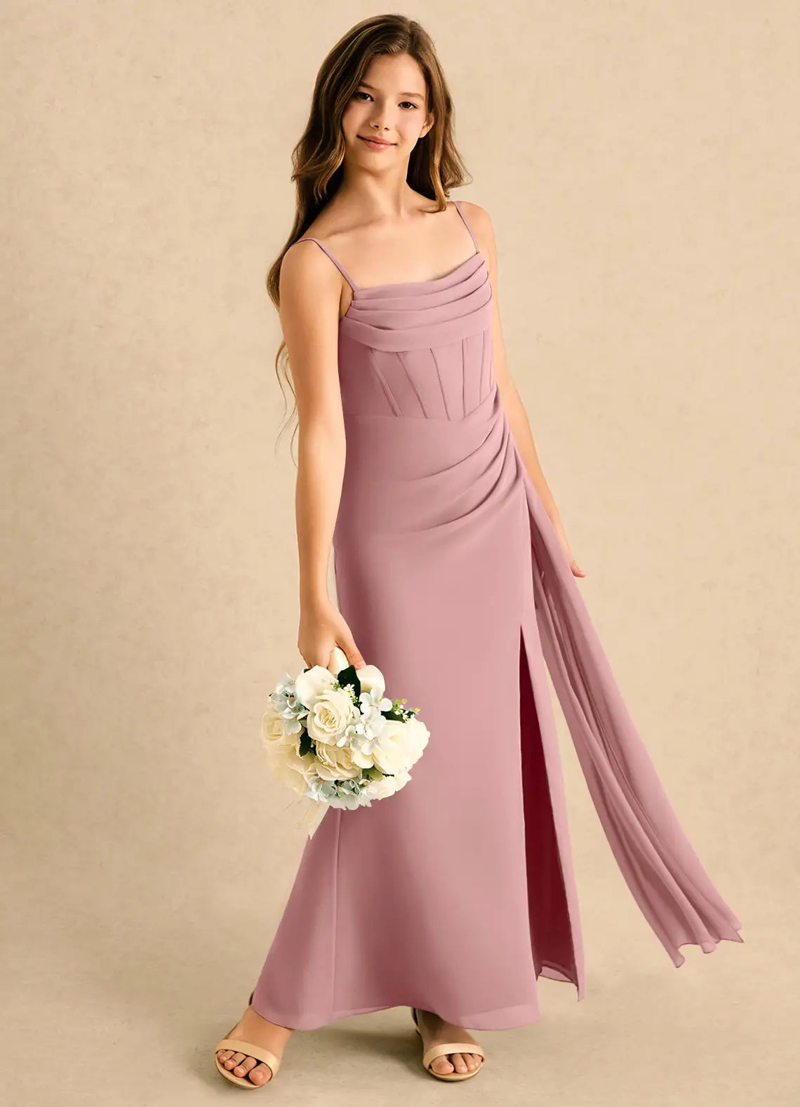 Spaghetti Strap Dusty Rose Chiffon Full-Length Junior Bridesmaid Dresses with Corset Bodice & Side Slit