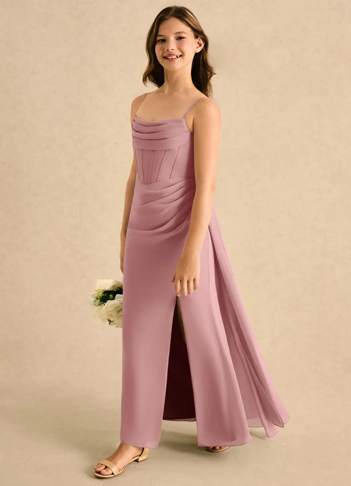 Spaghetti Strap Dusty Rose Chiffon Full-Length Junior Bridesmaid Dresses with Corset Bodice & Side Slit