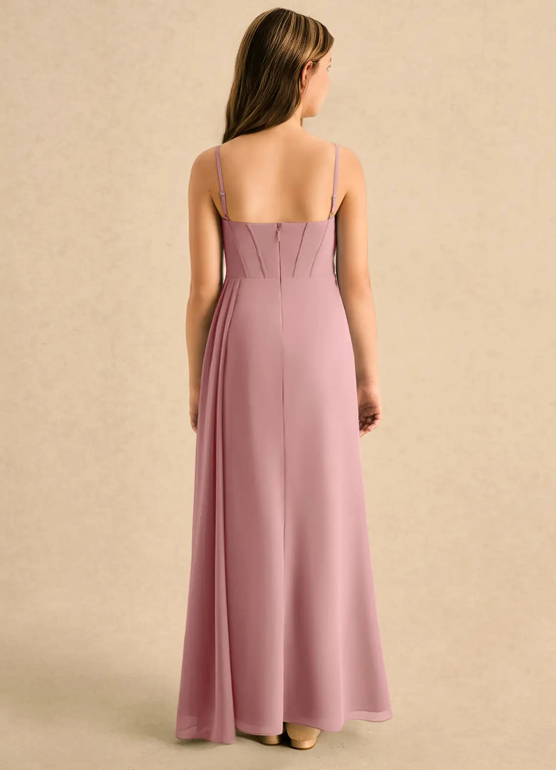 Spaghetti Strap Dusty Rose Chiffon Full-Length Junior Bridesmaid Dresses with Corset Bodice & Side Slit
