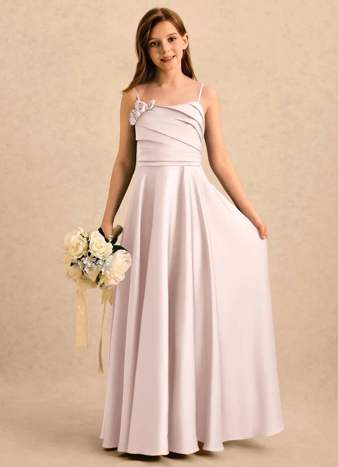 Spaghetti Strap Floral Accent Blush Satin Full-Length Junior Bridesmaid Dresses with Back Bow
