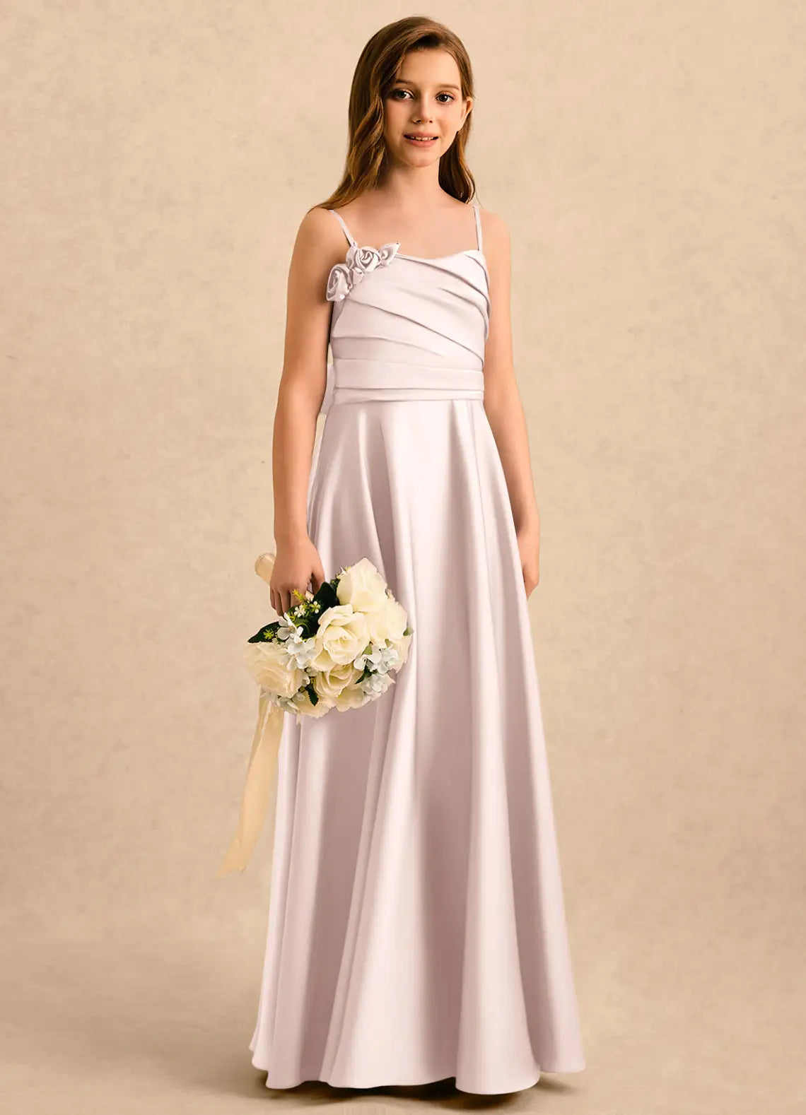 Spaghetti Strap Floral Accent Blush Satin Full-Length Junior Bridesmaid Dresses with Back Bow