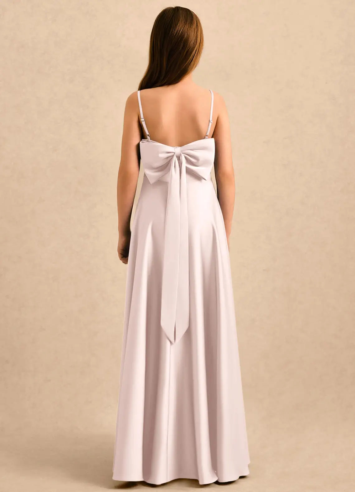 Spaghetti Strap Floral Accent Blush Satin Full-Length Junior Bridesmaid Dresses with Back Bow