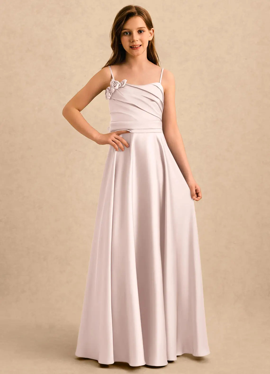 Spaghetti Strap Floral Accent Blush Satin Full-Length Junior Bridesmaid Dresses with Back Bow