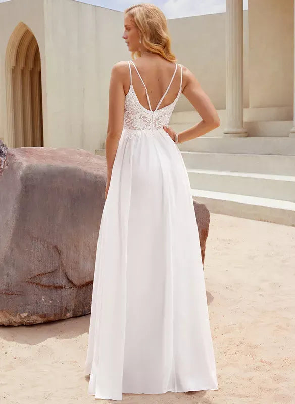 Spaghetti‑Strap Floral‑Lace‑Bodice Chiffon A‑Line Wedding Dress With High‑Slit & Double‑Strap‑Back Detail