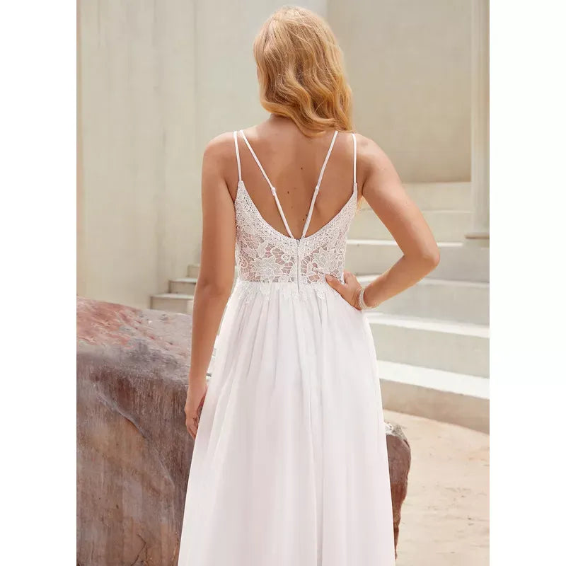 Spaghetti‑Strap Floral‑Lace‑Bodice Chiffon A‑Line Wedding Dress With High‑Slit & Double‑Strap‑Back Detail
