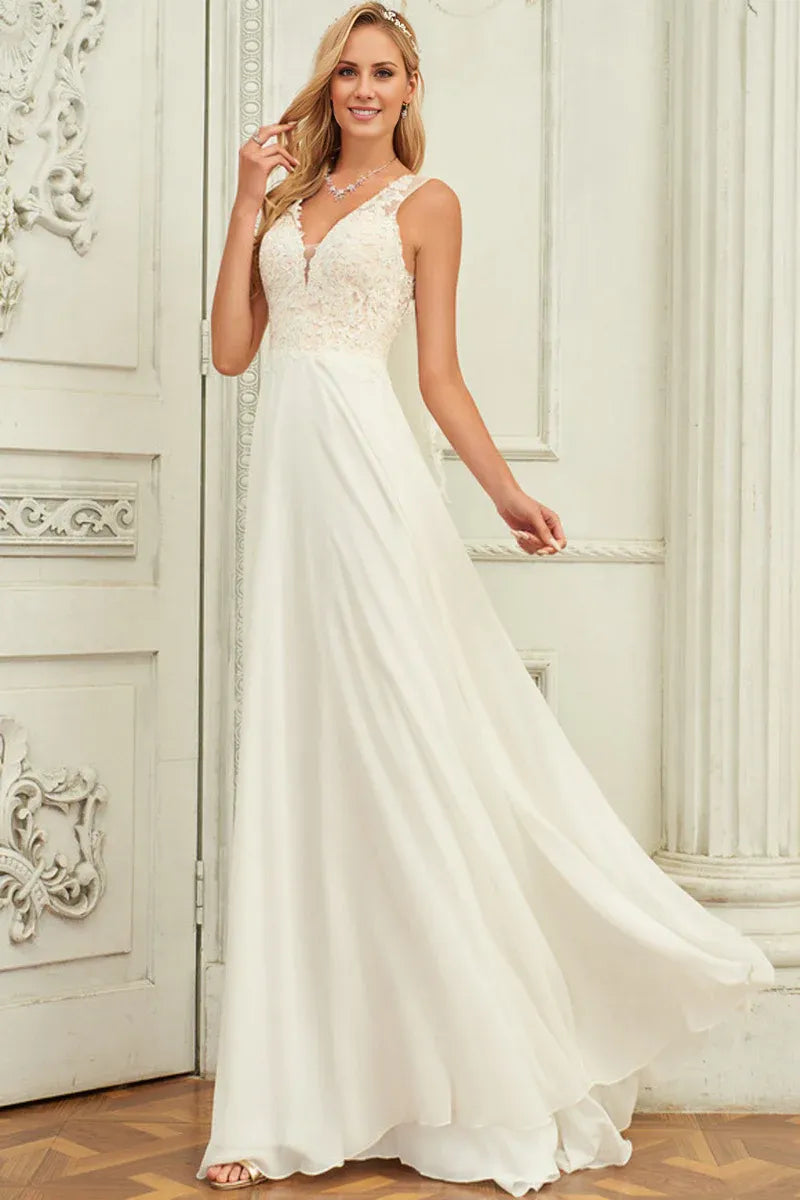 Spaghetti‑Strap Floral‑Lace Chiffon A‑Line Wedding Dress With Illusion‑Back Detail