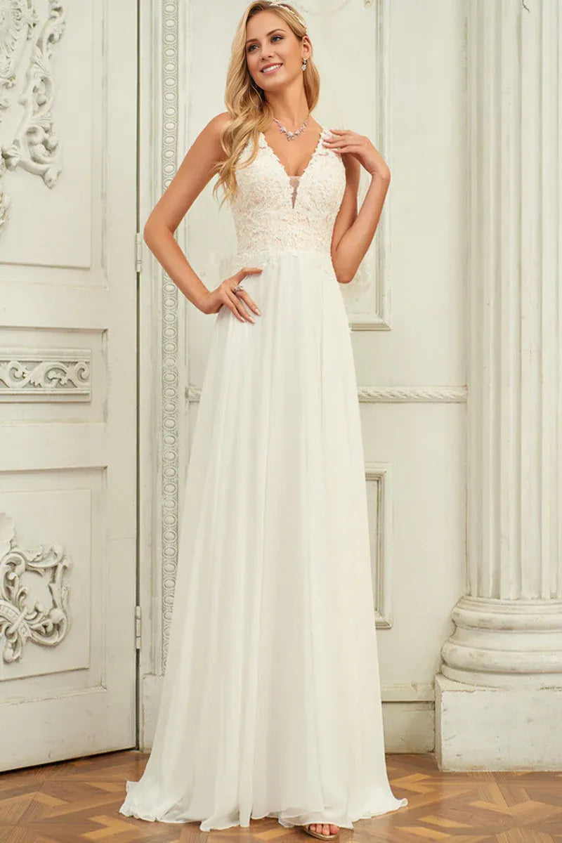 Spaghetti‑Strap Floral‑Lace Chiffon A‑Line Wedding Dress With Illusion‑Back Detail