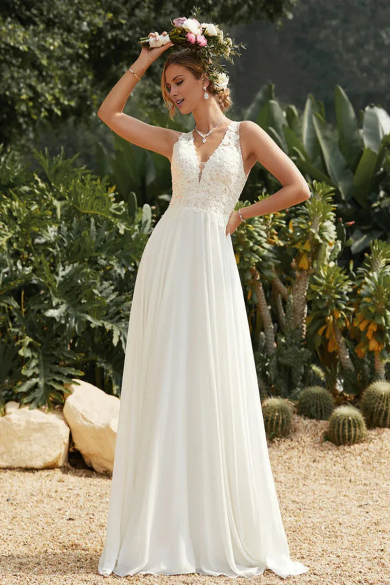 Spaghetti‑Strap Floral‑Lace Chiffon A‑Line Wedding Dress With Illusion‑Back Detail