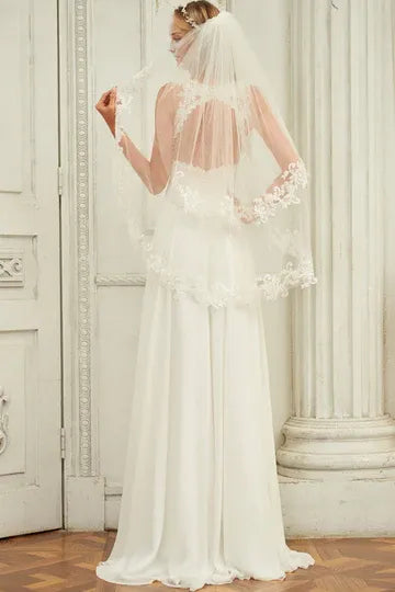 Spaghetti‑Strap Floral‑Lace Chiffon A‑Line Wedding Dress With Illusion‑Back Detail