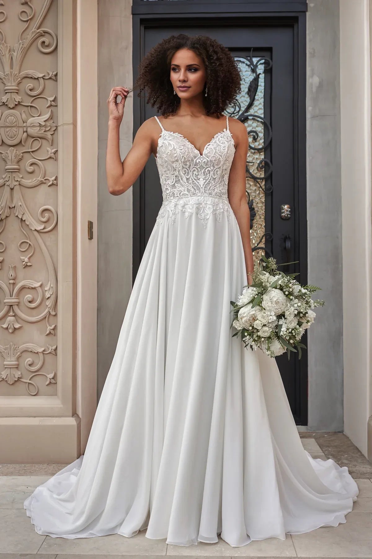 Spaghetti‑Strap Floral‑Lace Chiffon A‑Line Wedding Dress With Low‑V‑Button‑Back Detail