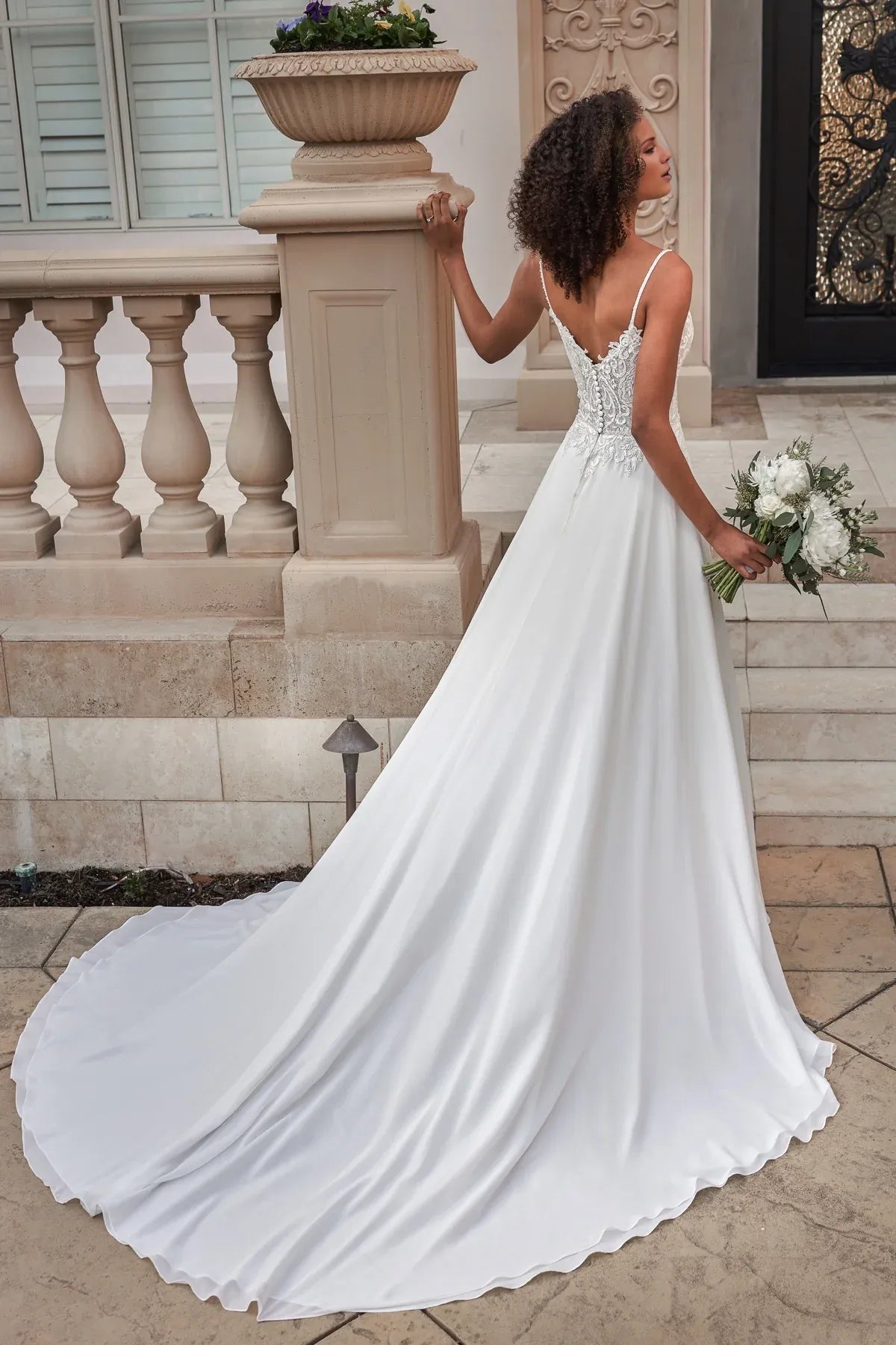 Spaghetti‑Strap Floral‑Lace Chiffon A‑Line Wedding Dress With Low‑V‑Button‑Back Detail