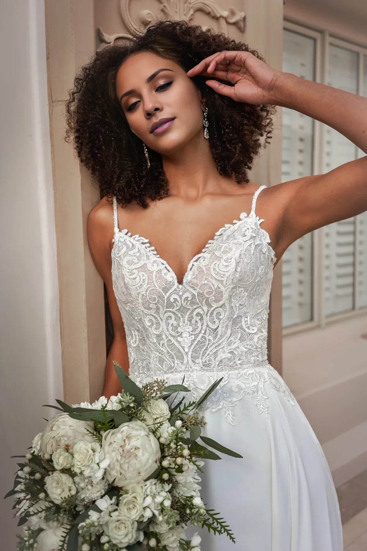 Spaghetti‑Strap Floral‑Lace Chiffon A‑Line Wedding Dress With Low‑V‑Button‑Back Detail