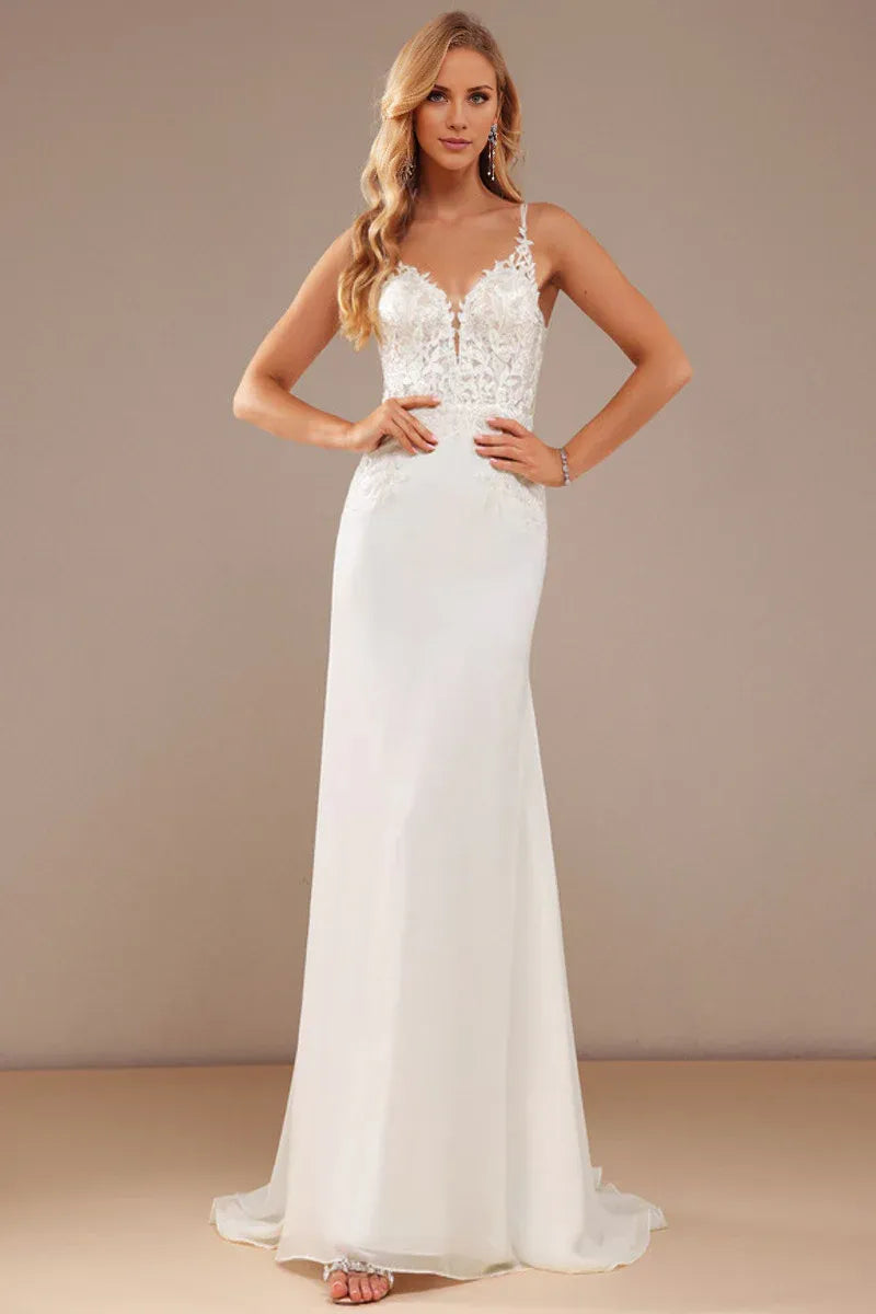 Spaghetti‑Strap Floral‑Lace Chiffon Mermaid Wedding Dress With Button‑Back Detail