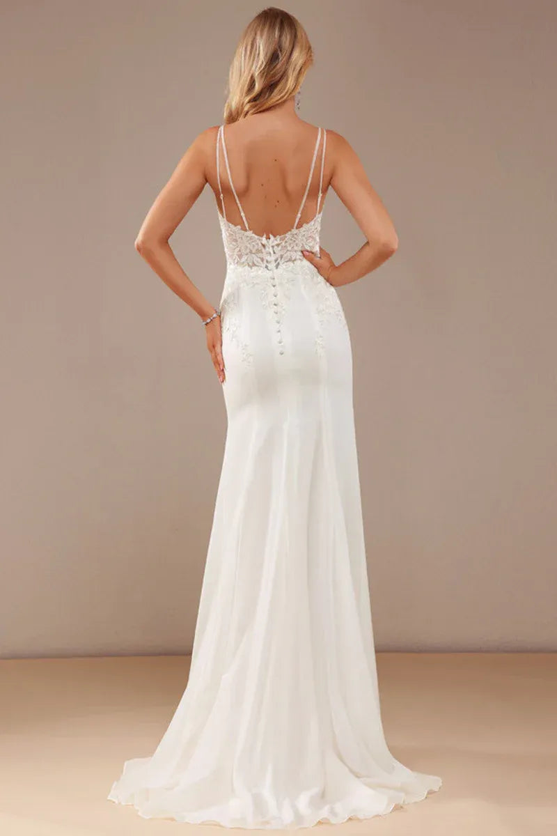Spaghetti‑Strap Floral‑Lace Chiffon Mermaid Wedding Dress With Button‑Back Detail