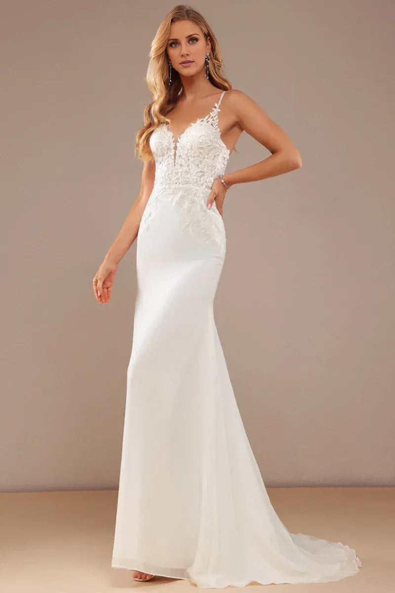 Spaghetti‑Strap Floral‑Lace Chiffon Mermaid Wedding Dress With Button‑Back Detail