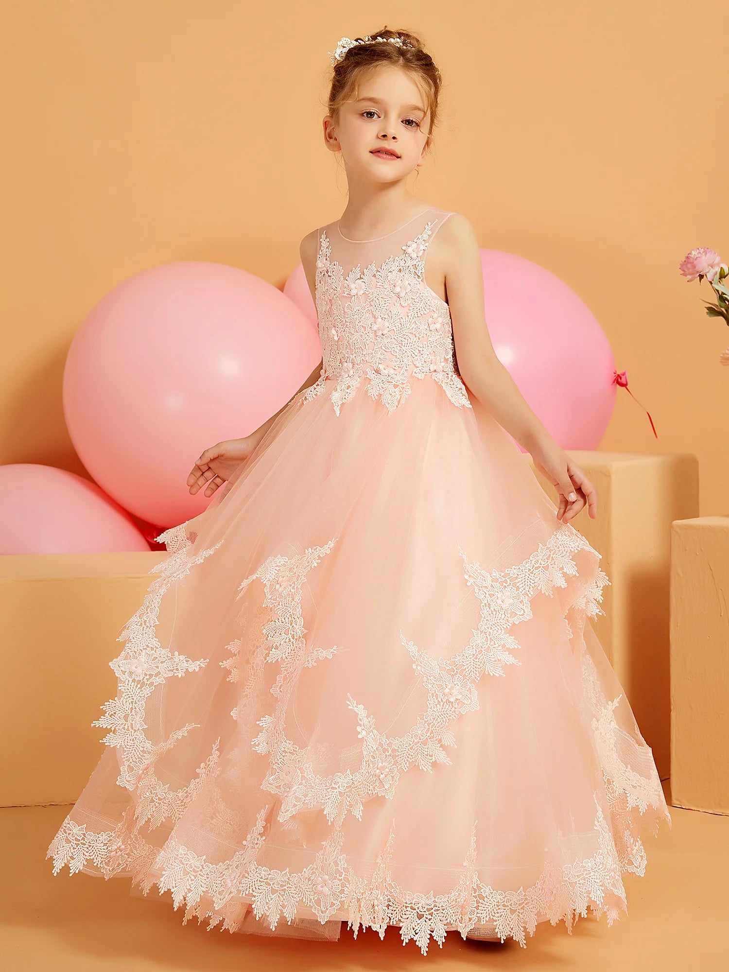 Spaghetti Strap Illusion Neck 3D Floral Lace Multi Layer Lace Trim Blush Tulle Floor Length Flower Girl Dresses