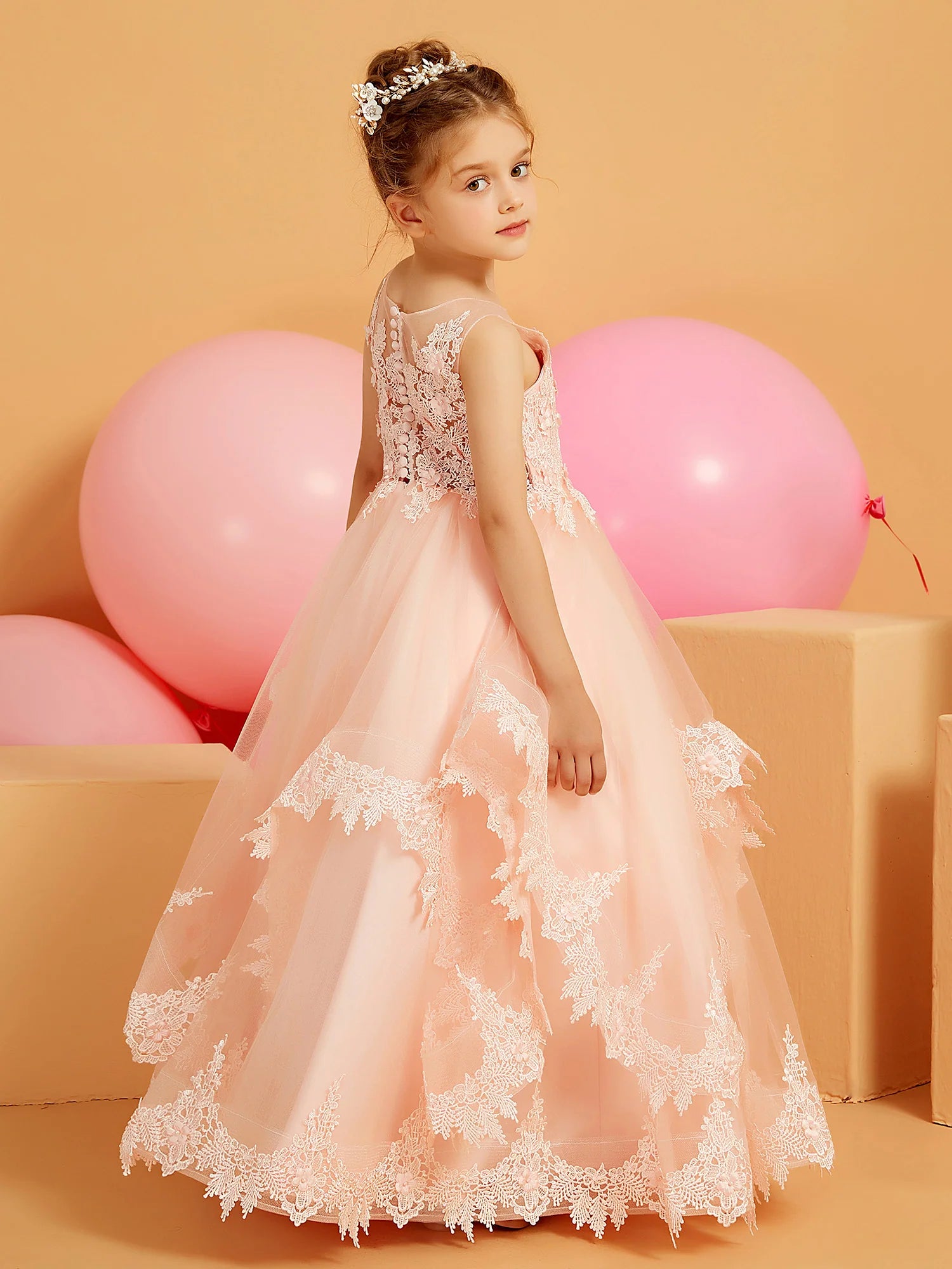 Spaghetti Strap Illusion Neck 3D Floral Lace Multi Layer Lace Trim Blush Tulle Floor Length Flower Girl Dresses