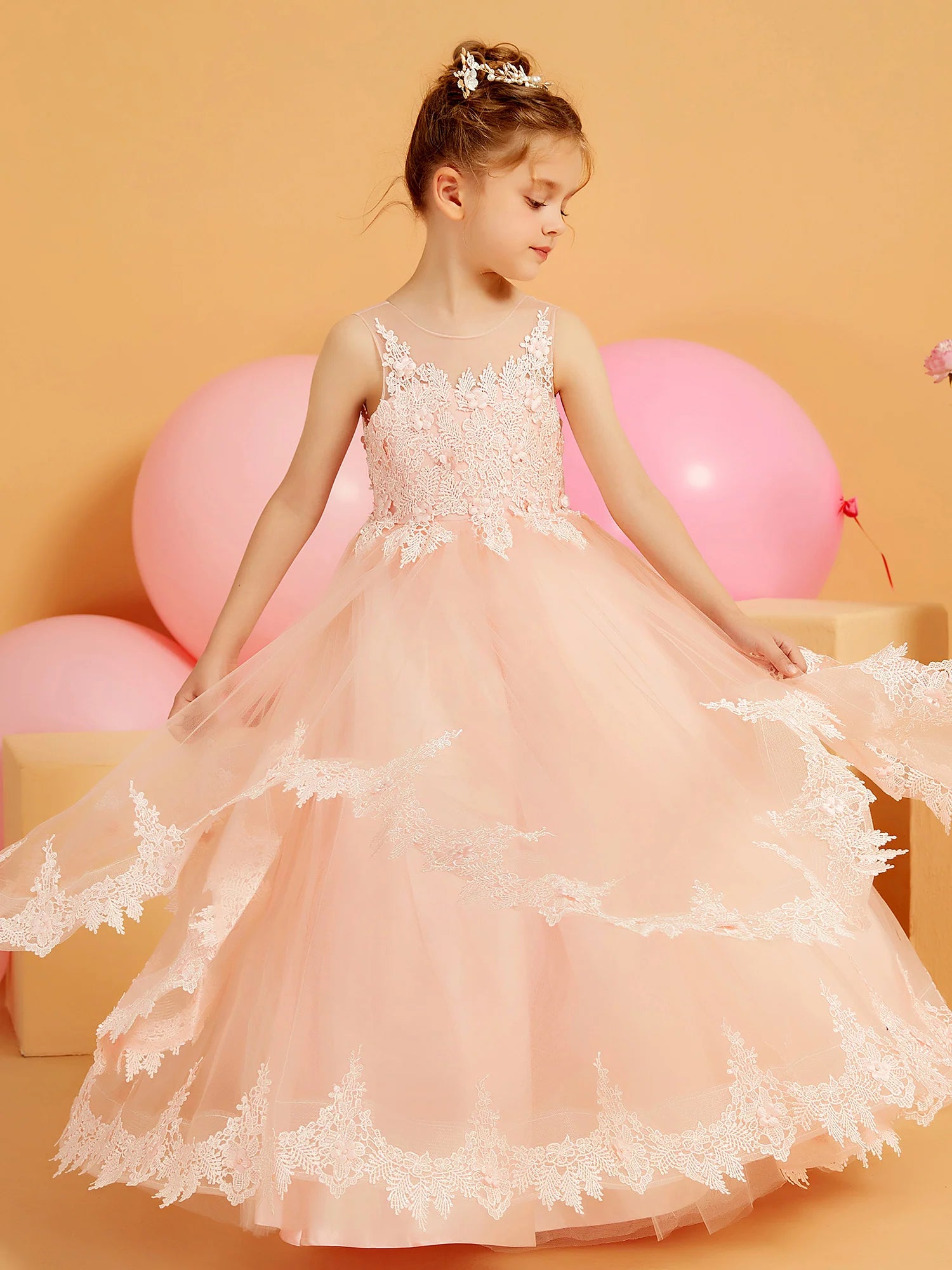 Spaghetti Strap Illusion Neck 3D Floral Lace Multi Layer Lace Trim Blush Tulle Floor Length Flower Girl Dresses