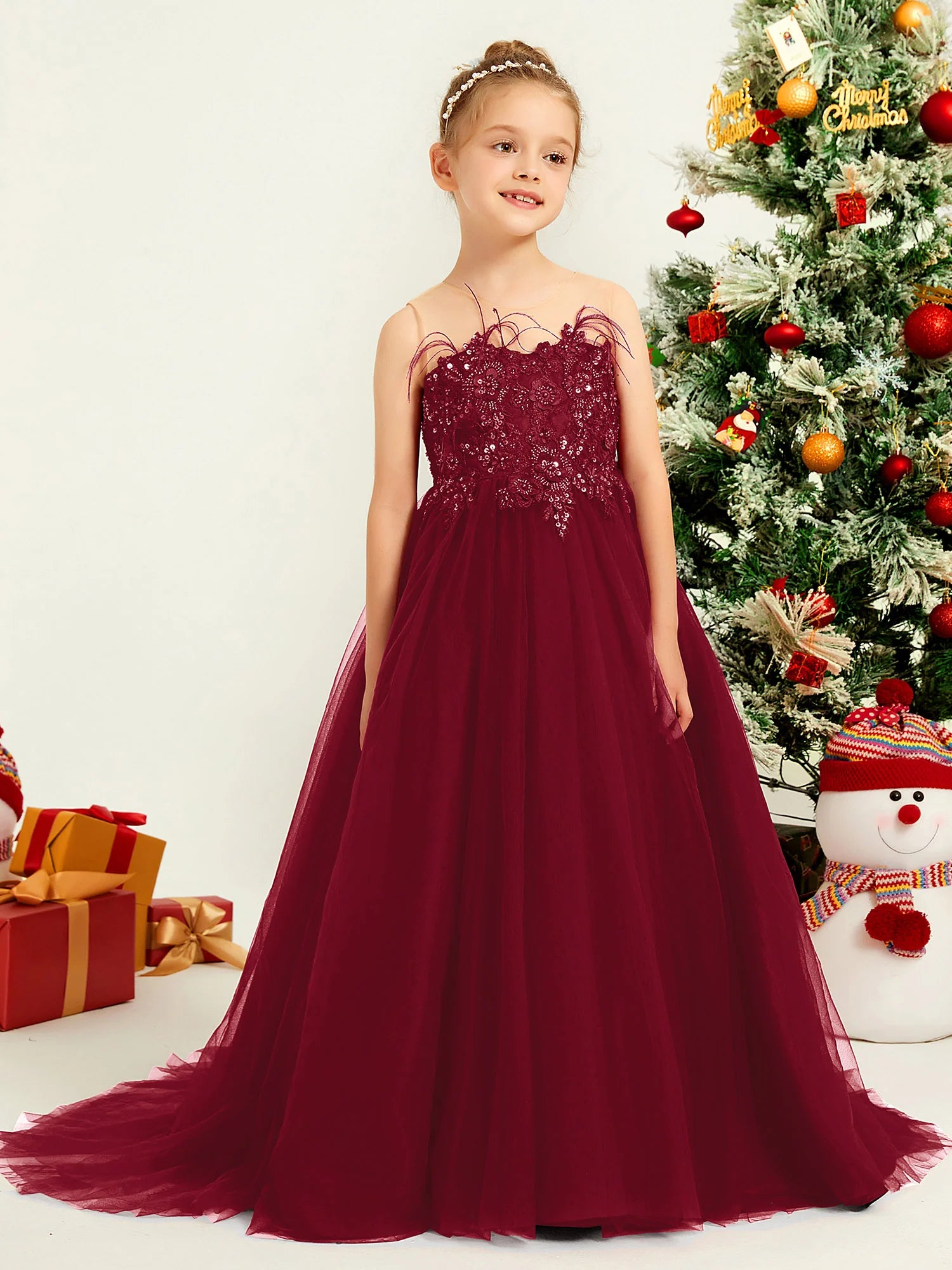 Spaghetti Strap Illusion Neck Sequin Lace Burgundy Tulle Train Floor Length Flower Girl Dresses