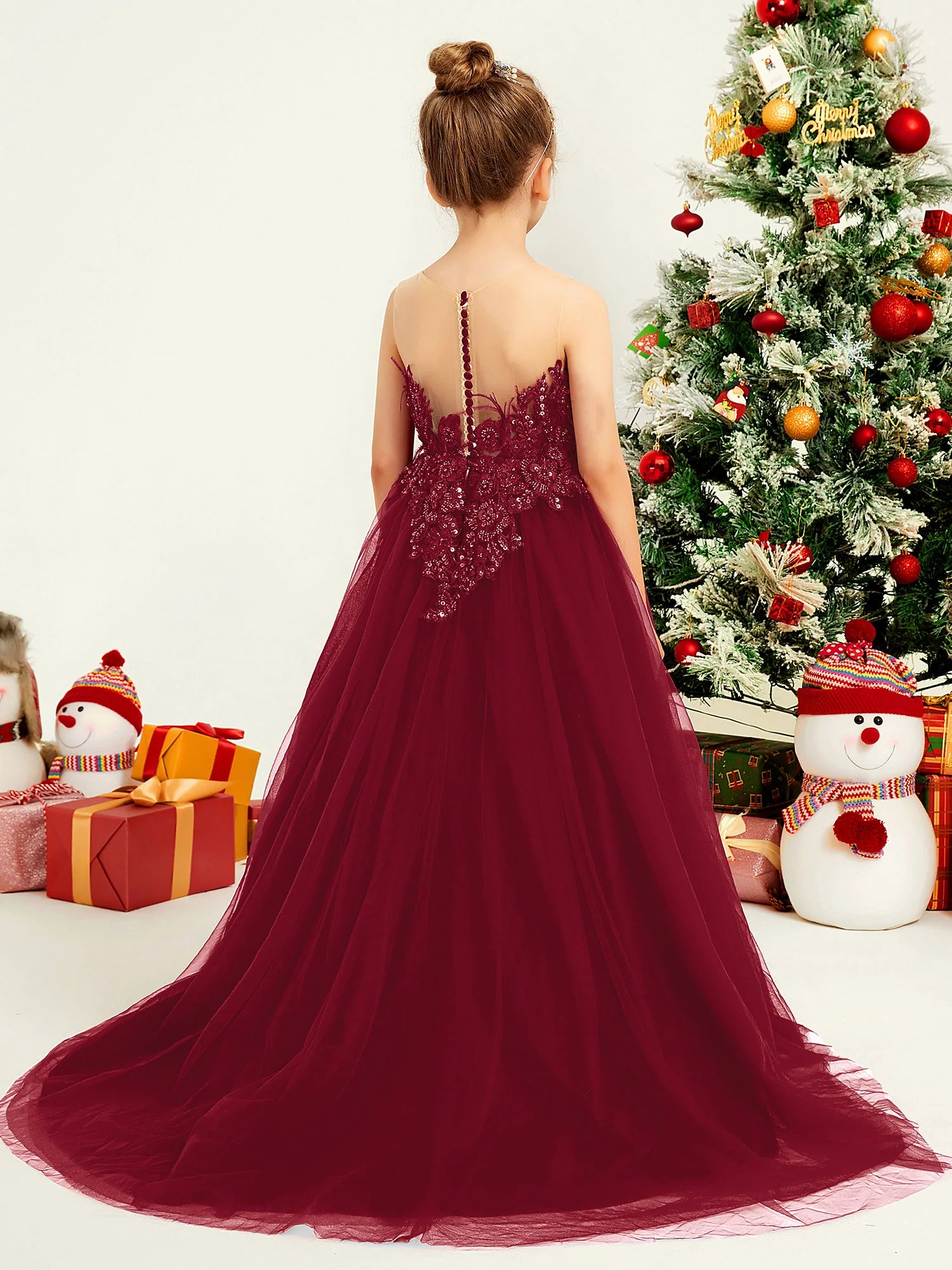 Spaghetti Strap Illusion Neck Sequin Lace Burgundy Tulle Train Floor Length Flower Girl Dresses