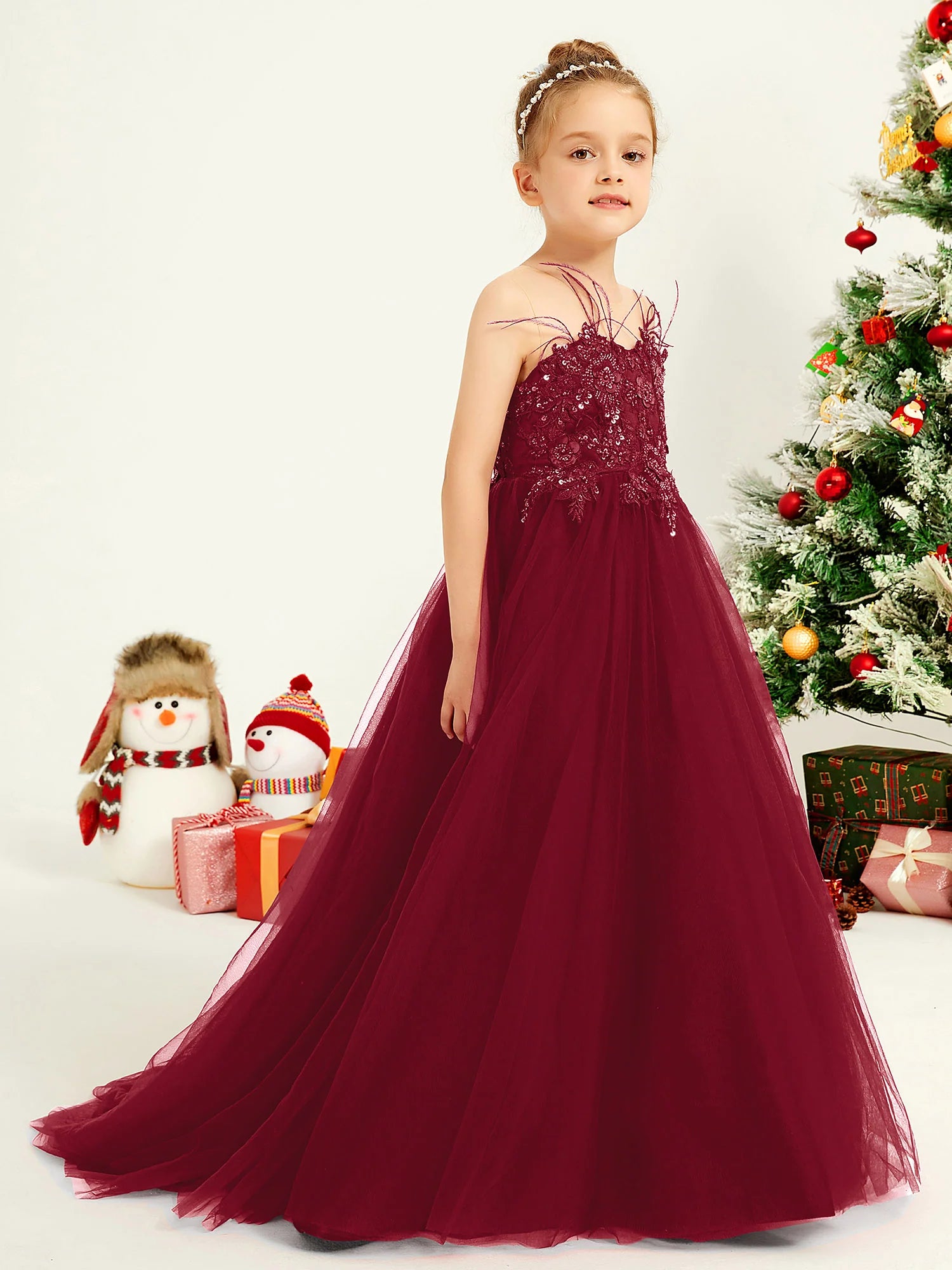 Spaghetti Strap Illusion Neck Sequin Lace Burgundy Tulle Train Floor Length Flower Girl Dresses