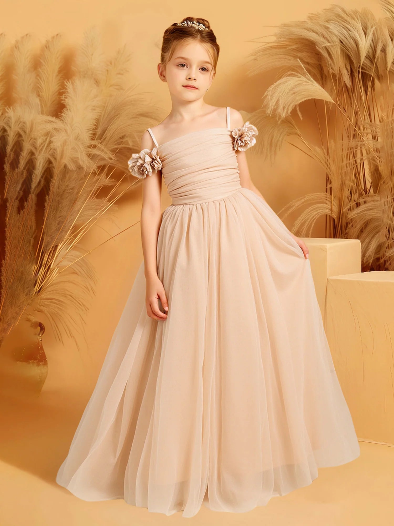 Spaghetti Strap Off Shoulder 3D Floral Solid Back Oversized Satin Bow Champagne Tulle Maxi Flower Girl Dresses