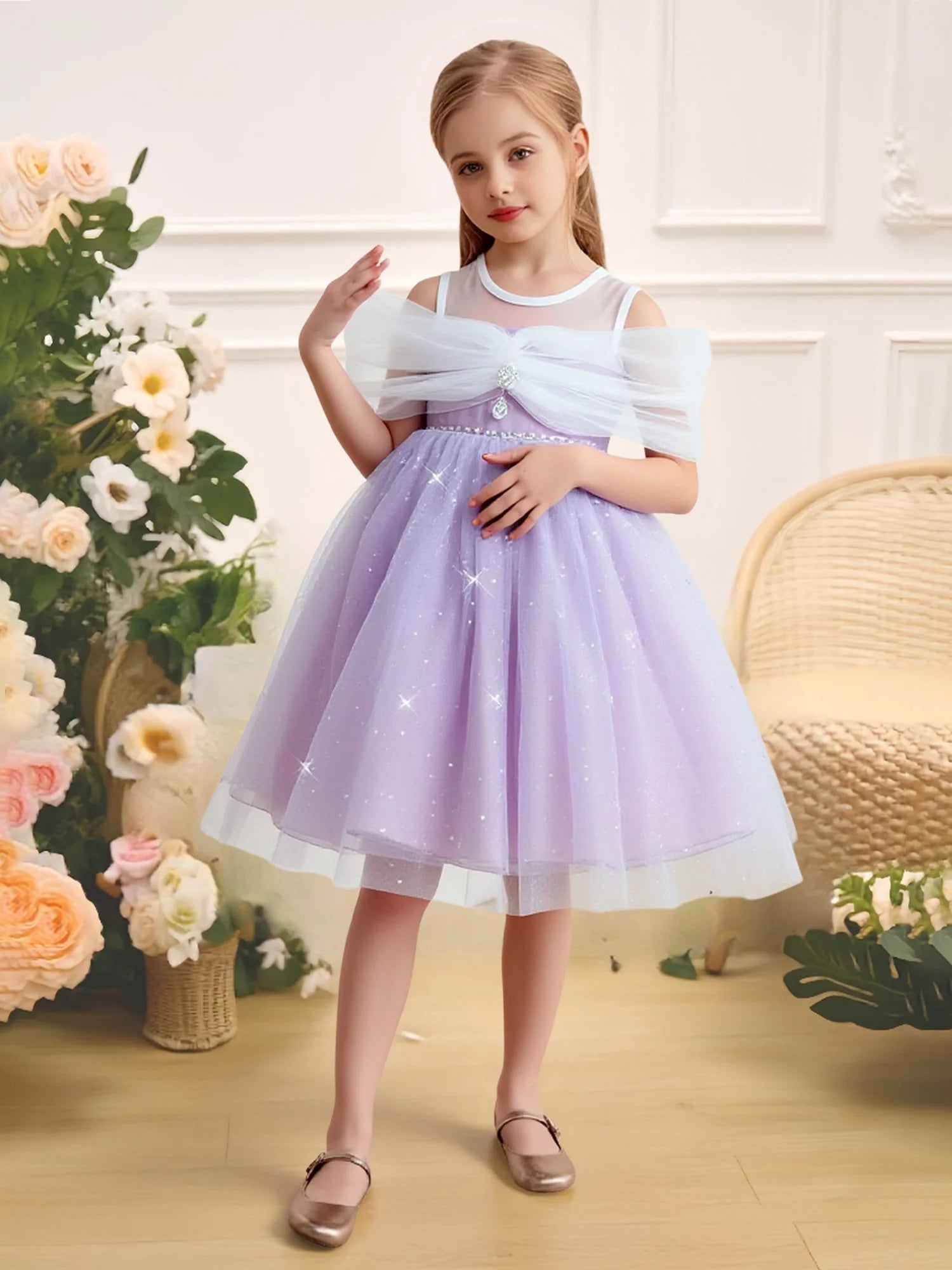 Spaghetti Strap Off Shoulder Crystal Bow Back Long Tulle Train Lavender Glitter Star Tulle Short Flower Girl Dresses