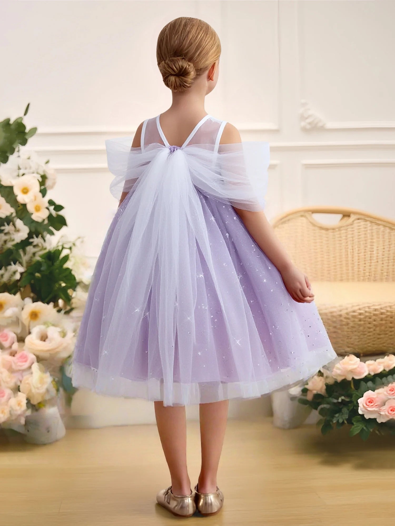 Spaghetti Strap Off Shoulder Crystal Bow Back Long Tulle Train Lavender Glitter Star Tulle Short Flower Girl Dresses