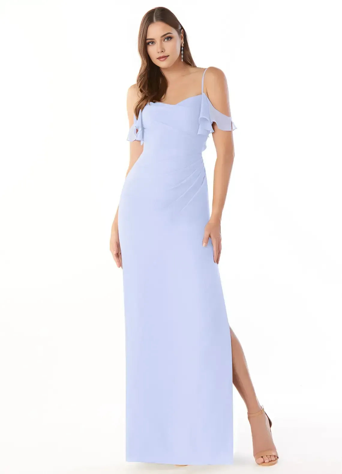 Spaghetti Strap Off Shoulder Ruffle Ruched High Slit Mermaid Chiffon Long Bridesmaid Dress