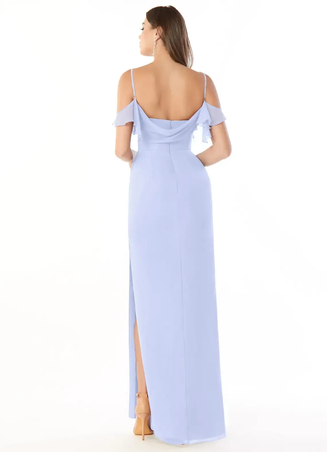Spaghetti Strap Off Shoulder Ruffle Ruched High Slit Mermaid Chiffon Long Bridesmaid Dress