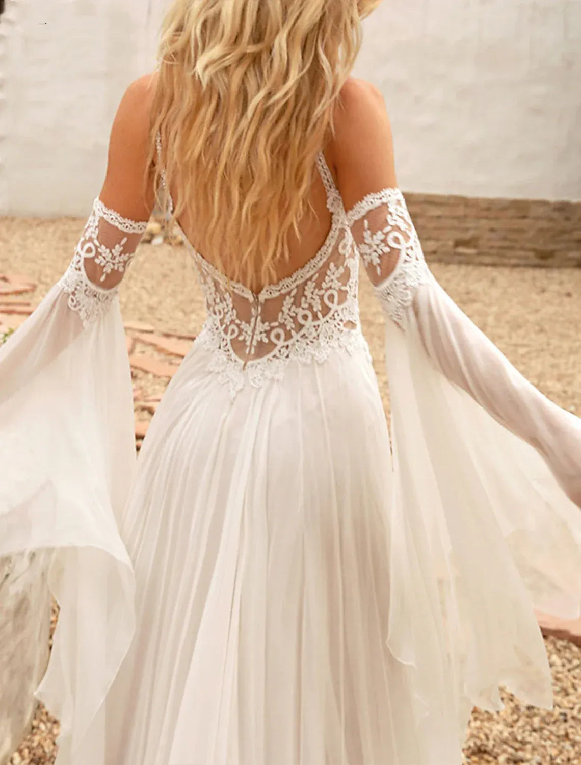 Spaghetti‑Strap Off‑The‑Shoulder Bell‑Sleeve Lace Chiffon A‑Line Boho Wedding Dress