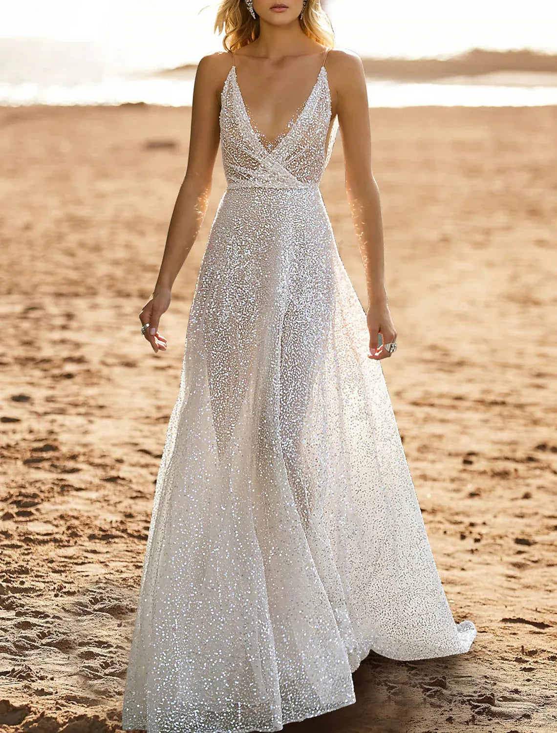 Spaghetti‑Strap Plunging‑V Full‑Sequin Tulle A‑Line Beach Wedding Dress With Low‑Back Detail