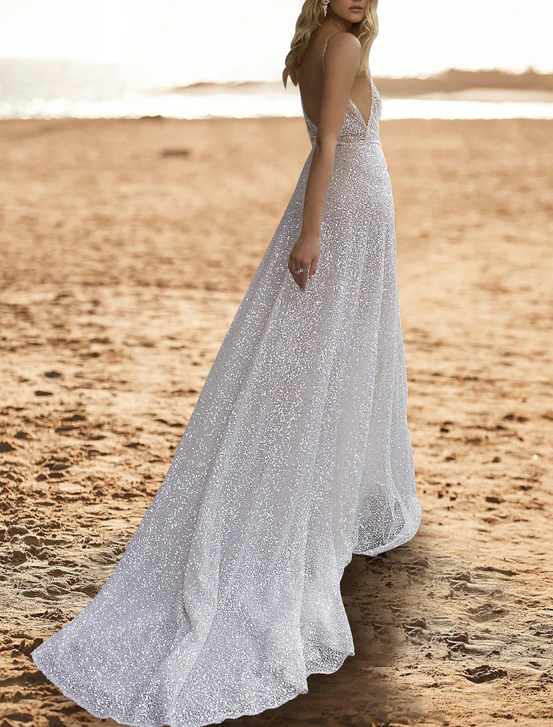 Spaghetti‑Strap Plunging‑V Full‑Sequin Tulle A‑Line Beach Wedding Dress With Low‑Back Detail