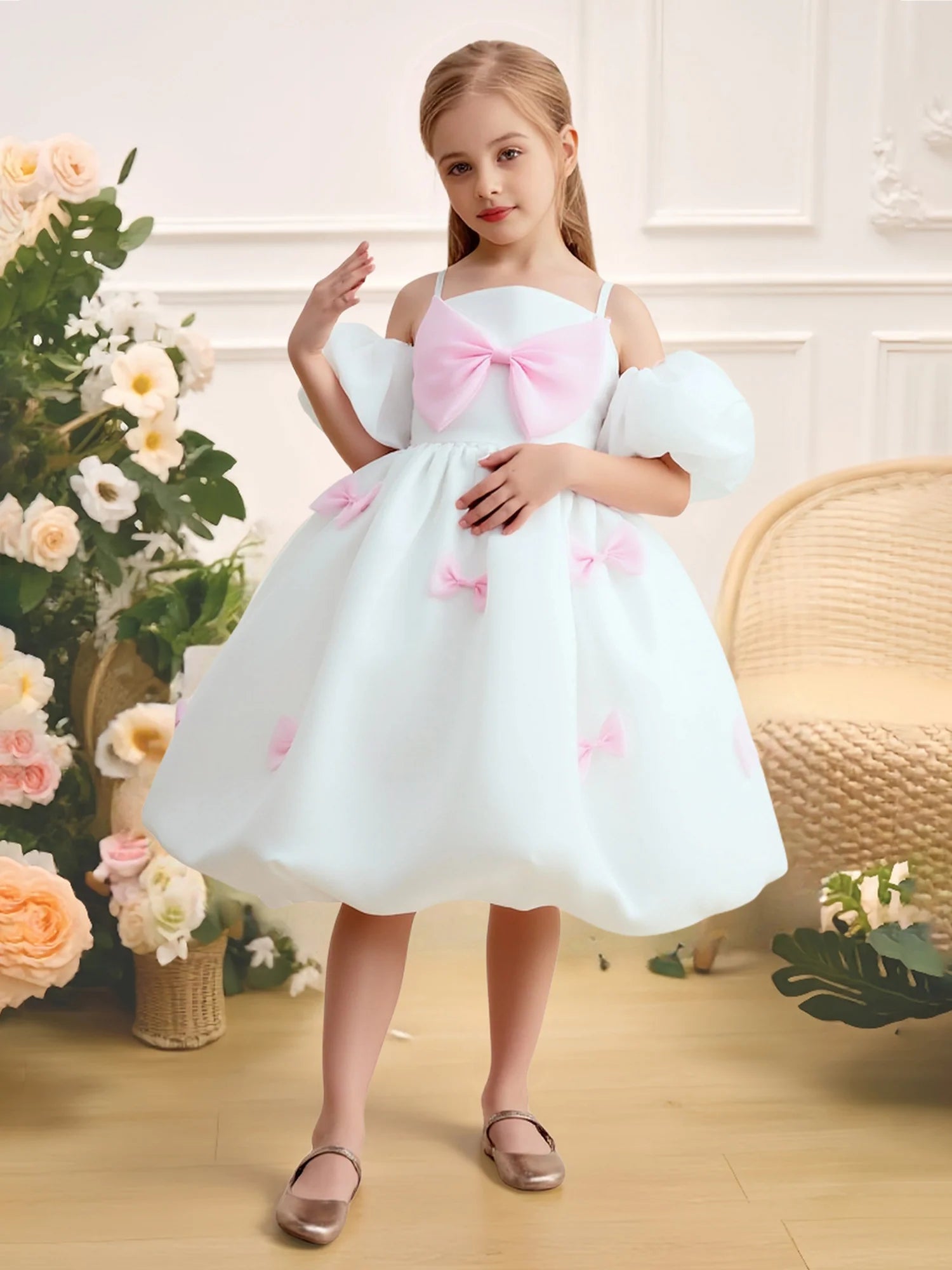 Spaghetti Strap Puff Off Shoulder Big Pink Bow Solid Satin Bubble Skirt White Kids Party Dress