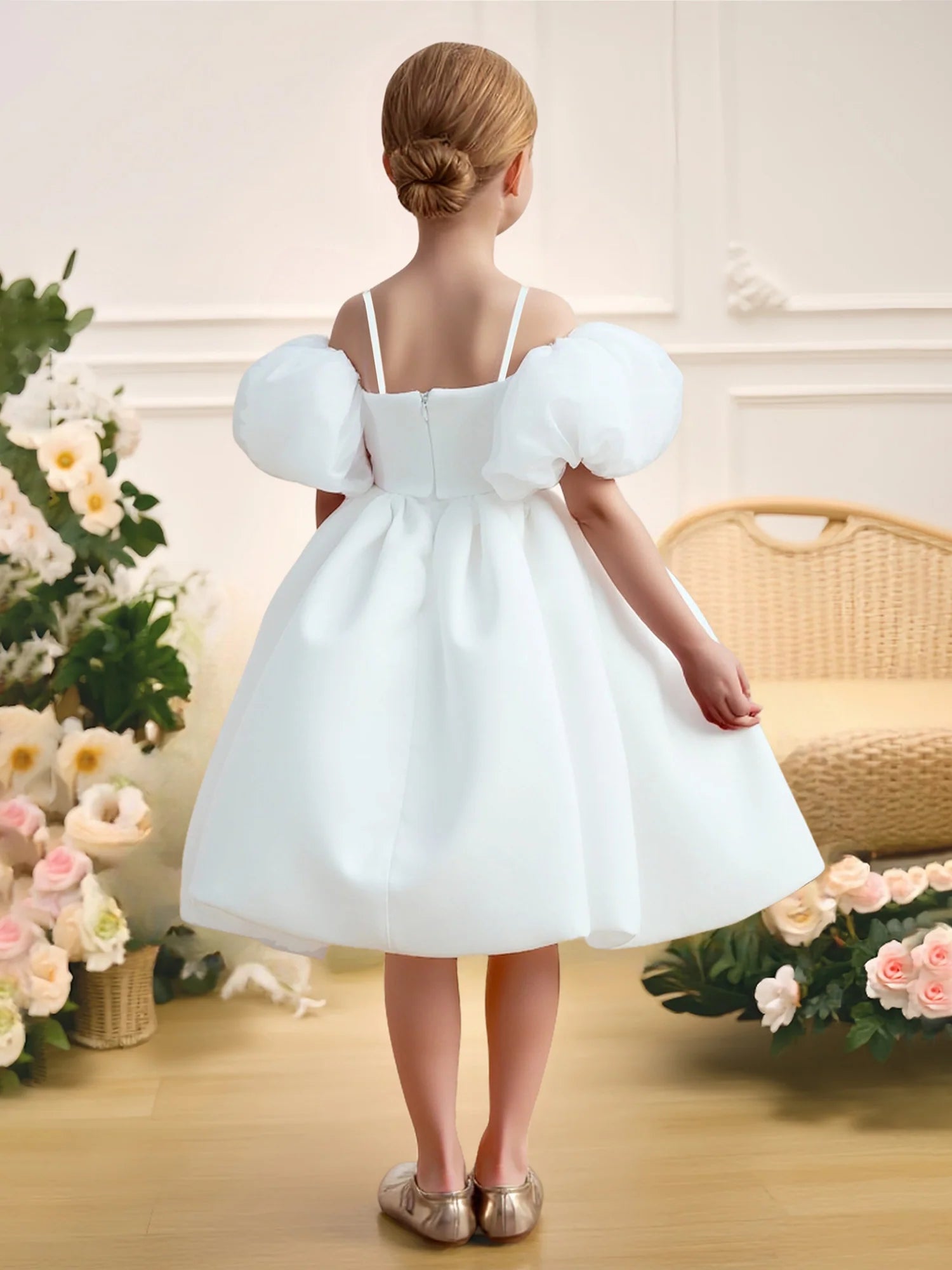 Spaghetti Strap Puff Off Shoulder Big Pink Bow Solid Satin Bubble Skirt White Kids Party Dress