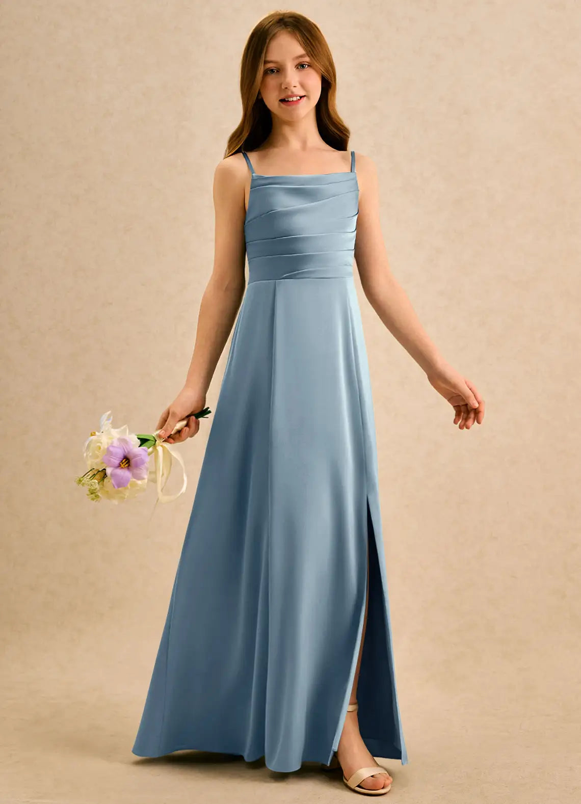 Spaghetti Strap Ruched Bodice Back Big Bow Dusty Blue Satin Slit Full-Length Junior Bridesmaid Dresses
