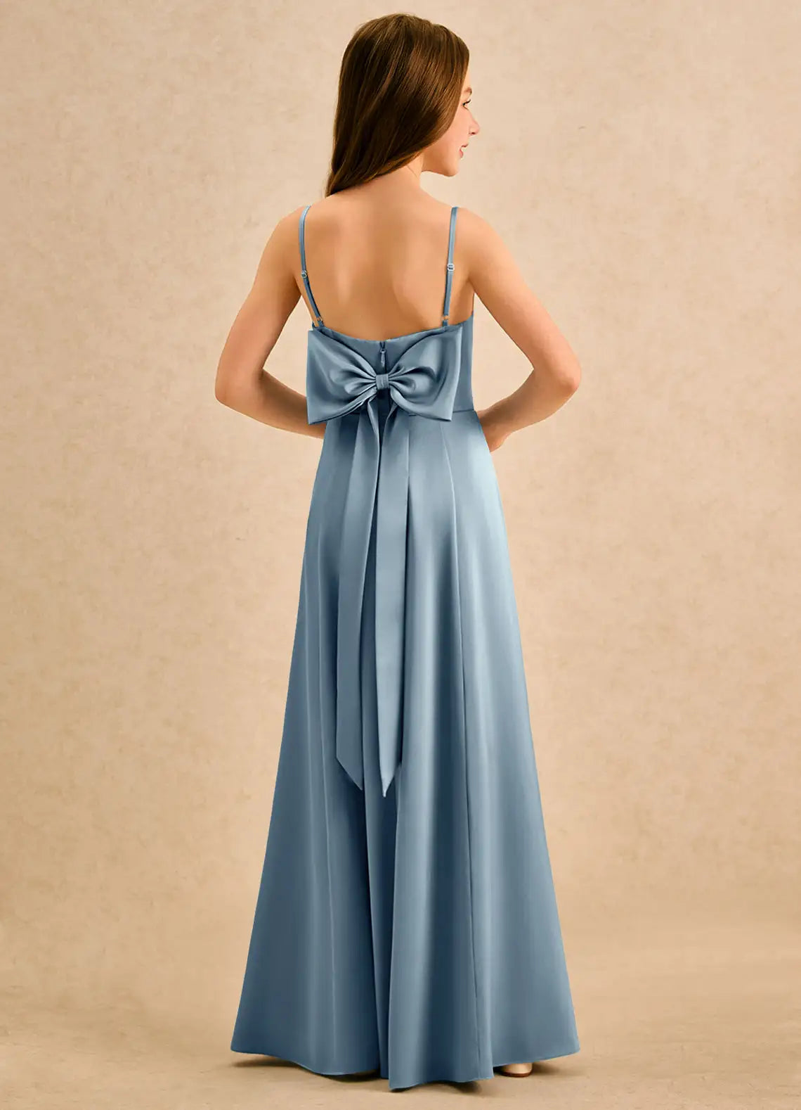 Spaghetti Strap Ruched Bodice Back Big Bow Dusty Blue Satin Slit Full-Length Junior Bridesmaid Dresses